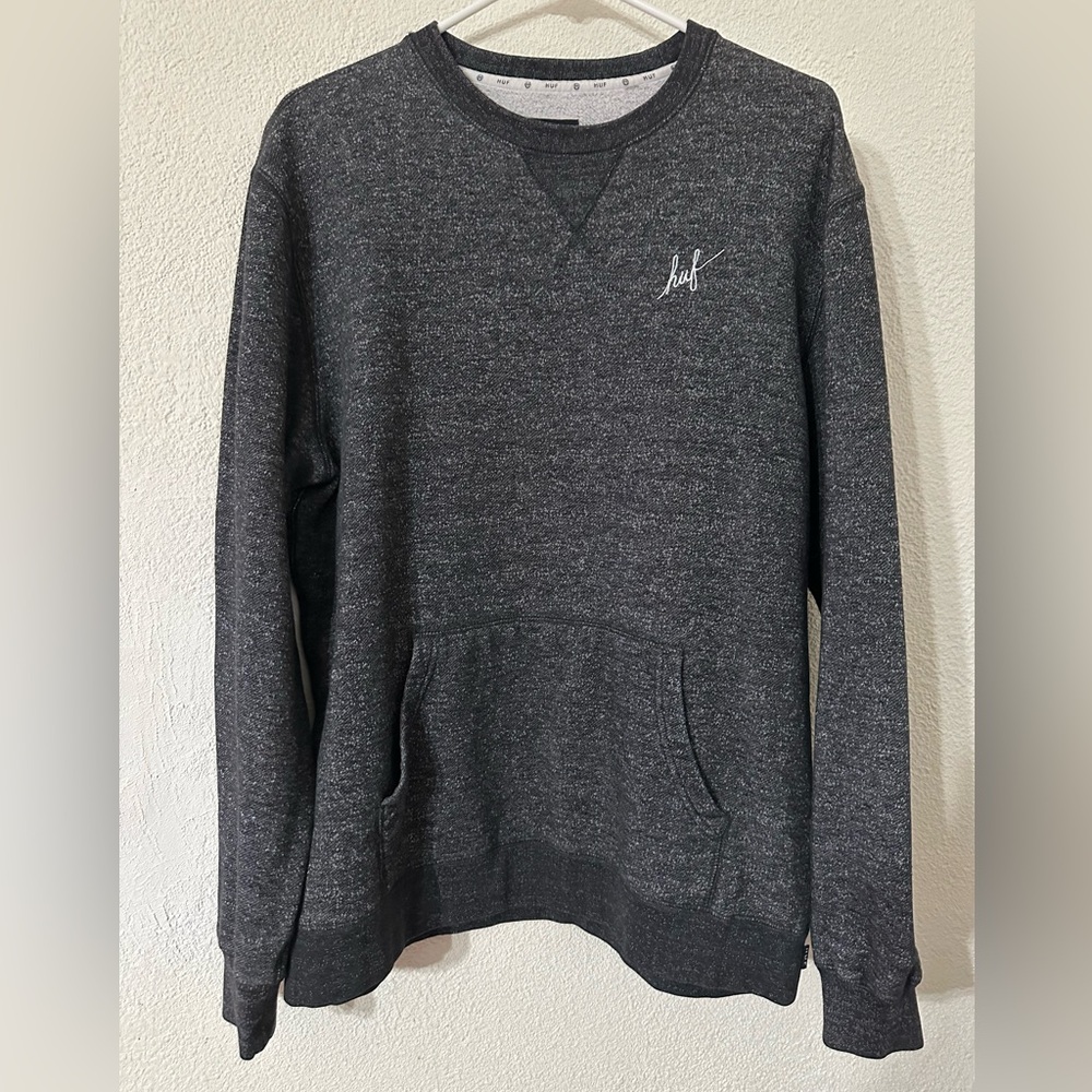 Huf Sweater Men Gray Cotton Blend Long Sleeve Crew Neck Kangaroo Pouch Size M